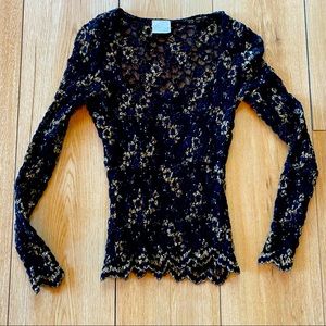 Moda International Women’s Stretch Black Lace and Gold Lame Square Neck Top